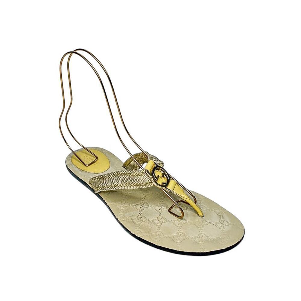 Gucci Vernice Crystal Interlocking G Logo Sandals EU 41 Cream Gold Yellow Flats